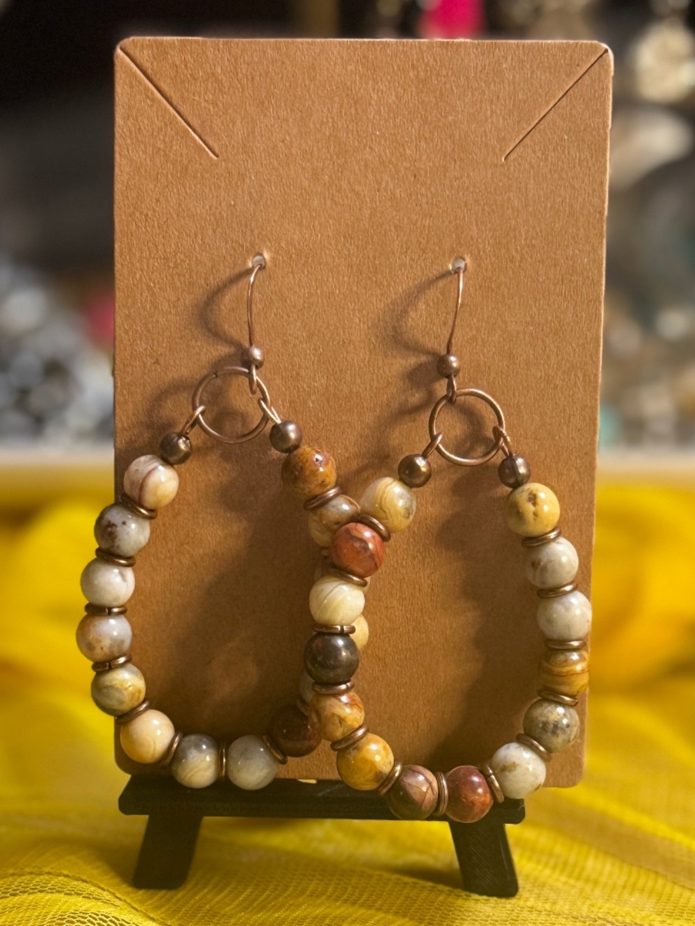 Natural Stone Beaded Hoop Earrings | Antique Copper | Earthy Boho Artisan Dangle